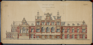849074 Opstand van een ontwerp voor de voorgevel van het H.S.M.-station Den Haag H.S. te Den Haag.